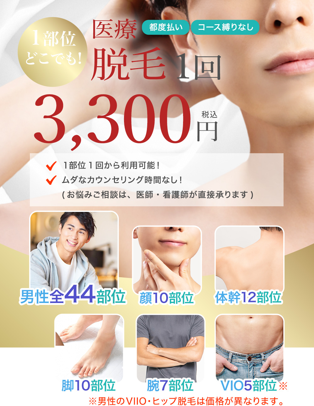 医療レーザー脱毛 1部位1回3,300円(男性VIIOヒップは価格が異なります)