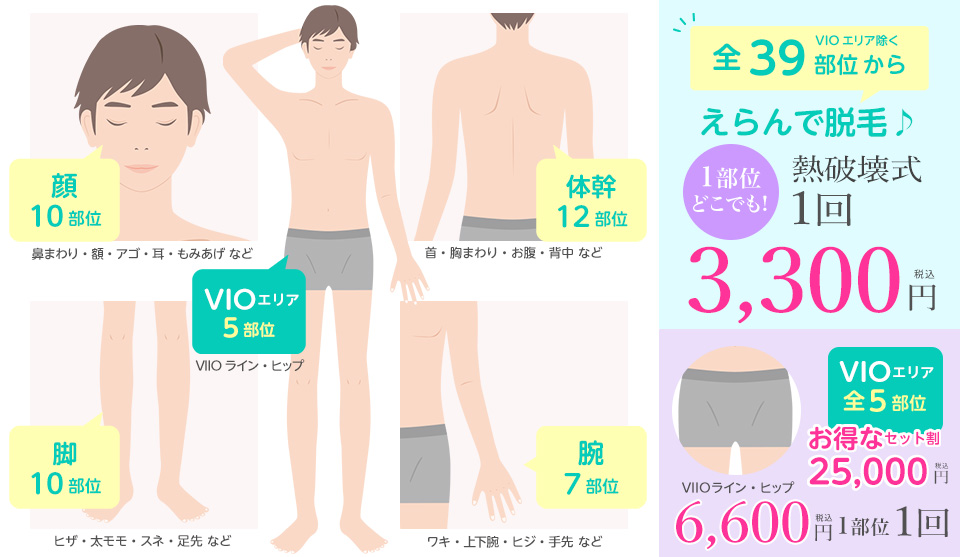 選んで脱毛1部位どこでも1回3,300円(※VIIOエリアは含みません)